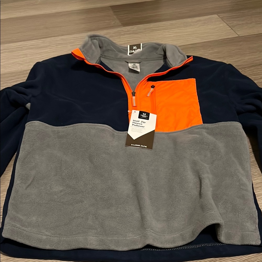 Half-Zip Fleece Sweater - Navy, Gray, and Orange